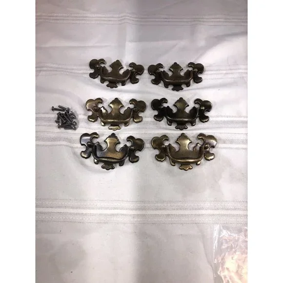 6PC Large Queen Anne Chippendale Drawer Pulls Lock Plate Brass Tone Metal Screws solofficialkw.com